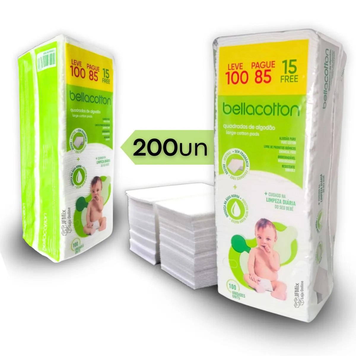 Algodão Quadrado Bebê Bellacotton 200 unidades