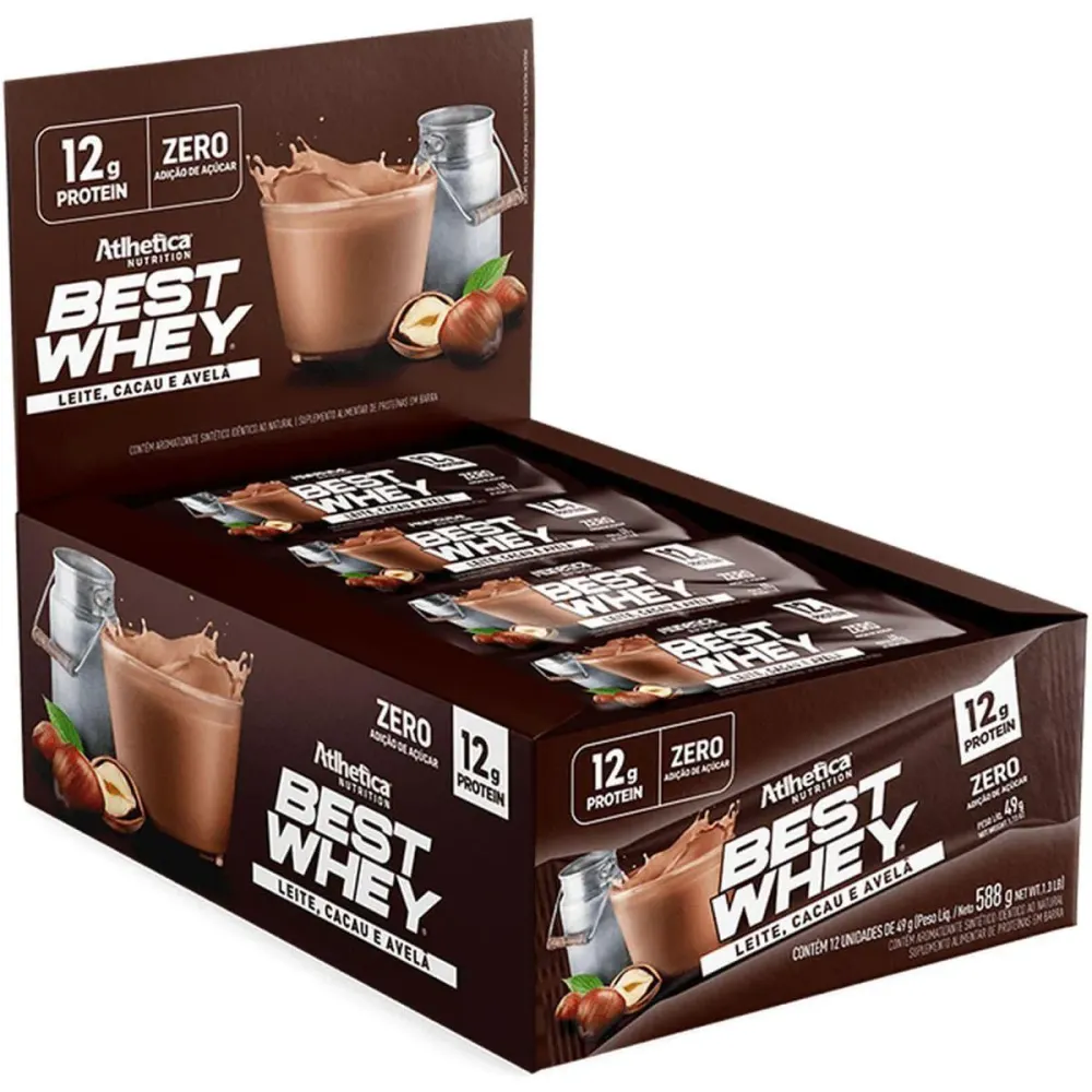 Barra Proteica Best Whey - 12 Barras 49G Leite, Cacau e Avelã - Atlhetica Nutrition